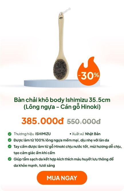 Bàn chải khô body, tẩy da chết, tắm massage toàn thân Ishimizu 35.5cm (Lông ngựa - Cán gỗ Hinoki)