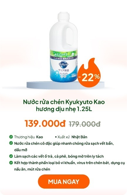 Nước rửa chén Kyukyuto Kao kháng khuẩn khử mùi hương dịu nhẹ 1.25L