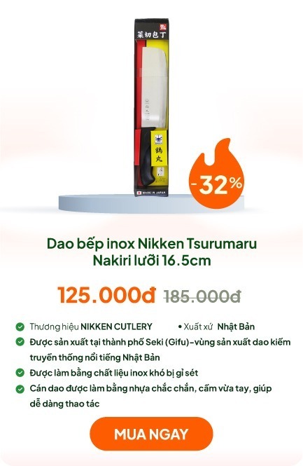 Dao bếp inox Nikken Tsurumaru Nakiri lưỡi 16.5cm