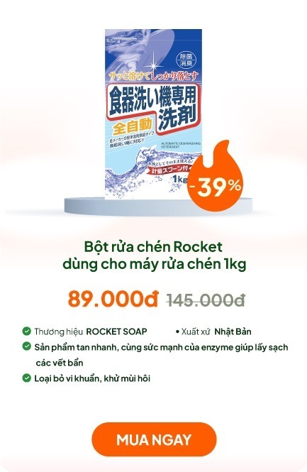 Bột rửa chén Rocket dùng cho máy rửa chén 1kg chống khuẩn, khử mùi