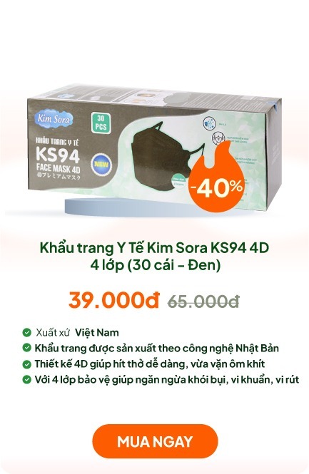 Khẩu trang Y tế Kim Sora KS94 4D 4 lớp, chống bụi, vi khuẩn, virus (30 cái - Đen)
