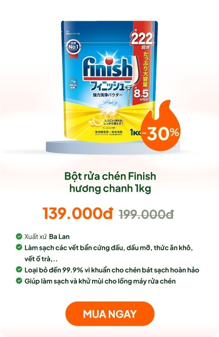 Bột rửa chén Finish khử mùi kháng khuẩn, sạch lồng máy hương chanh 1kg