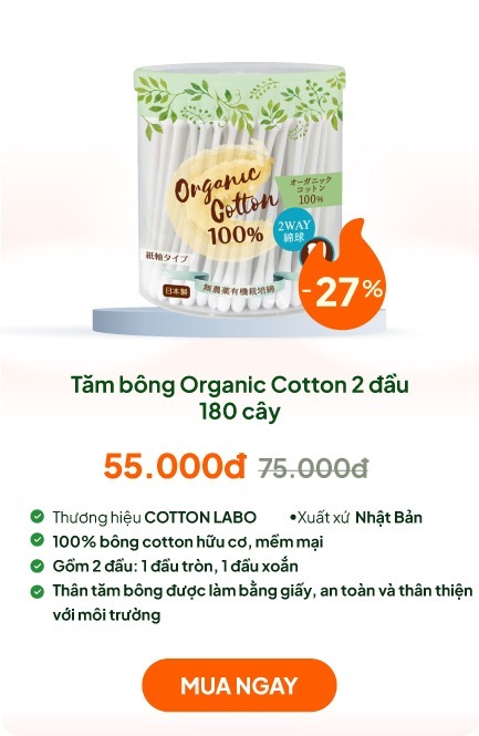 Tăm bông Organic Cotton 2 đầu 180 cây