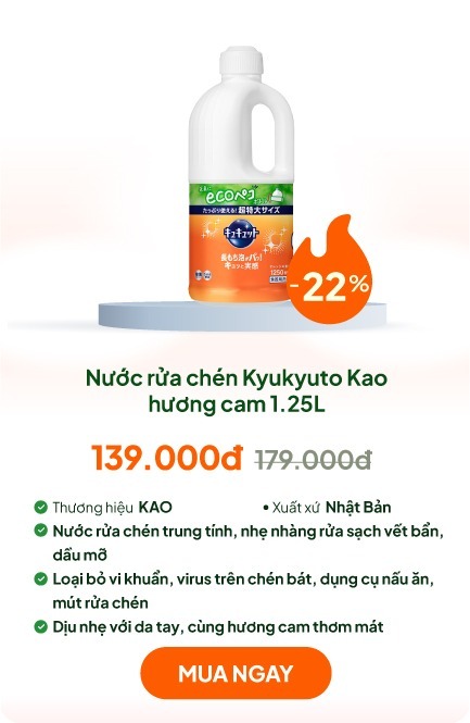 Nước rửa chén bát Nhật Bản Kyukyuto Kao chống khuẩn tạo bọt hương cam 1.25L