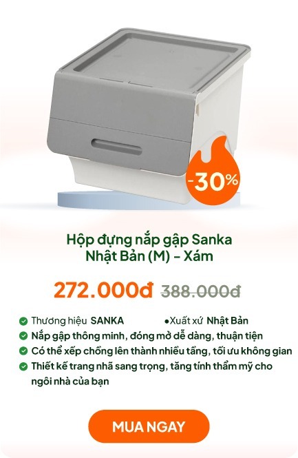Hộp đựng nắp gập, lật 3 nấc Sanka Nhật Bản 38.5x46x31cm (M) - Xám
