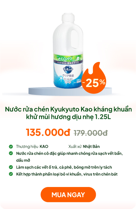 Nước rửa chén Kyukyuto Kao kháng khuẩn khử mùi hương dịu nhẹ 1.25L