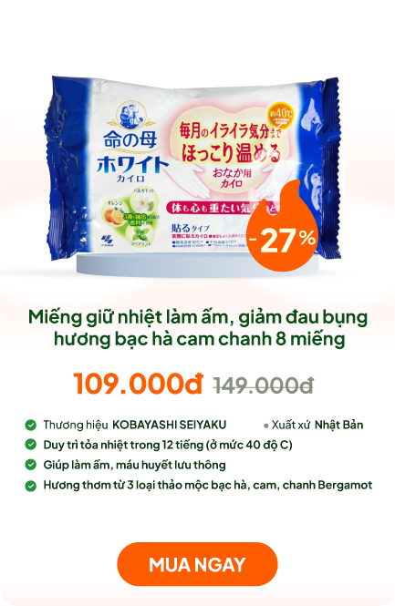 Miếng giữ nhiệt làm ấm, giảm đau bụng hương bạc hà cam chanh Kobayashi 8 miếng (có keo dán)