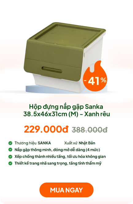 Hộp đựng nắp gập, lật 3 nấc Sanka Nhật Bản 38.5x46x31cm (M) - Xanh rêu