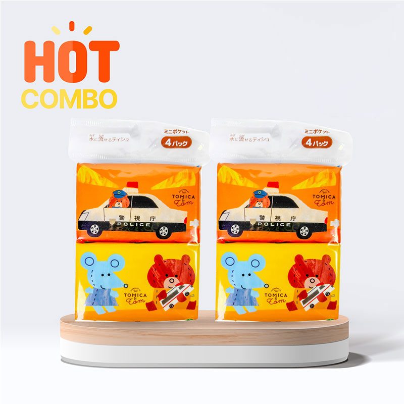 Combo siêu tiết kiệm 2 khăn giấy bỏ túi 2 lớp Tomica & Tom (8 tờ x 4 gói)