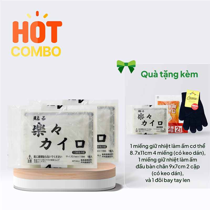 Combo siêu hời mua 2 miếng giữ nhiệt làm ấm 8.7x11cm 4 miếng (có keo) tặng 1 miếng cùng loại và 1 miếng làm ấm bàn chân 2 cặp (có keo) và 1 đôi bao tay len