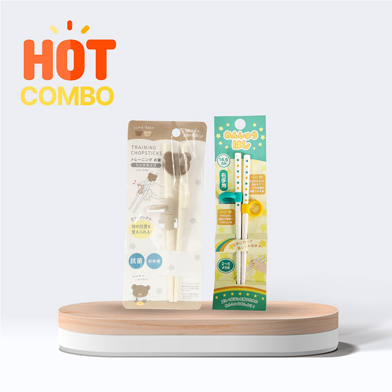 Combo siêu tiết kiệm Đũa tập ăn cho bé kháng khuẩn hình gấu 16cm và Đũa tập ăn cho bé 16.5cm 