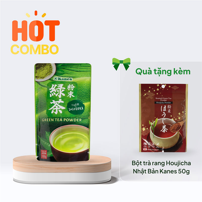 Combo siêu hời mua Bột trà xanh Nhật Bản Green Tea Powder Kanes 100g tặng Bột trà rang Houjicha Nhật Bản Kanes 50g