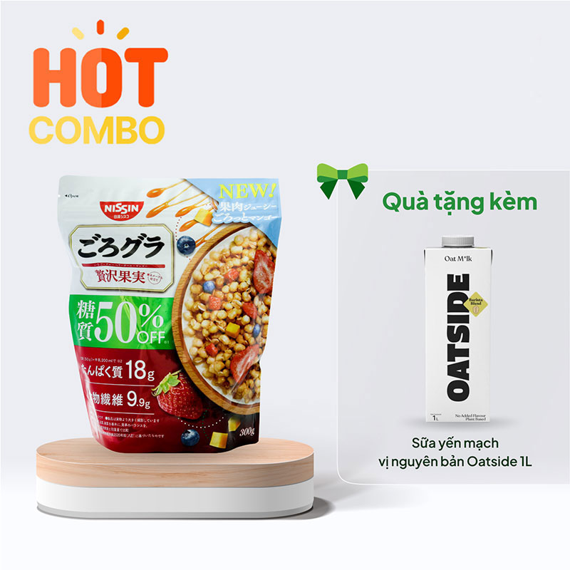 Combo siêu hời mua TPBS: Ngũ cốc trái cây Granola giảm đường Nissin 300g tặng Sữa yến mạch vị nguyên bản Oatside 1L