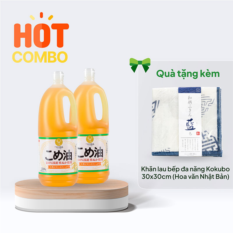 Combo siêu hời mua 2 Dầu gạo lứt quốc sản Nhật Bản nguyên chất Tsuno 1500g (1636ml) tặng Khăn lau bếp đa năng Kokubo 30x30cm (Hoa văn Nhật Bản)
