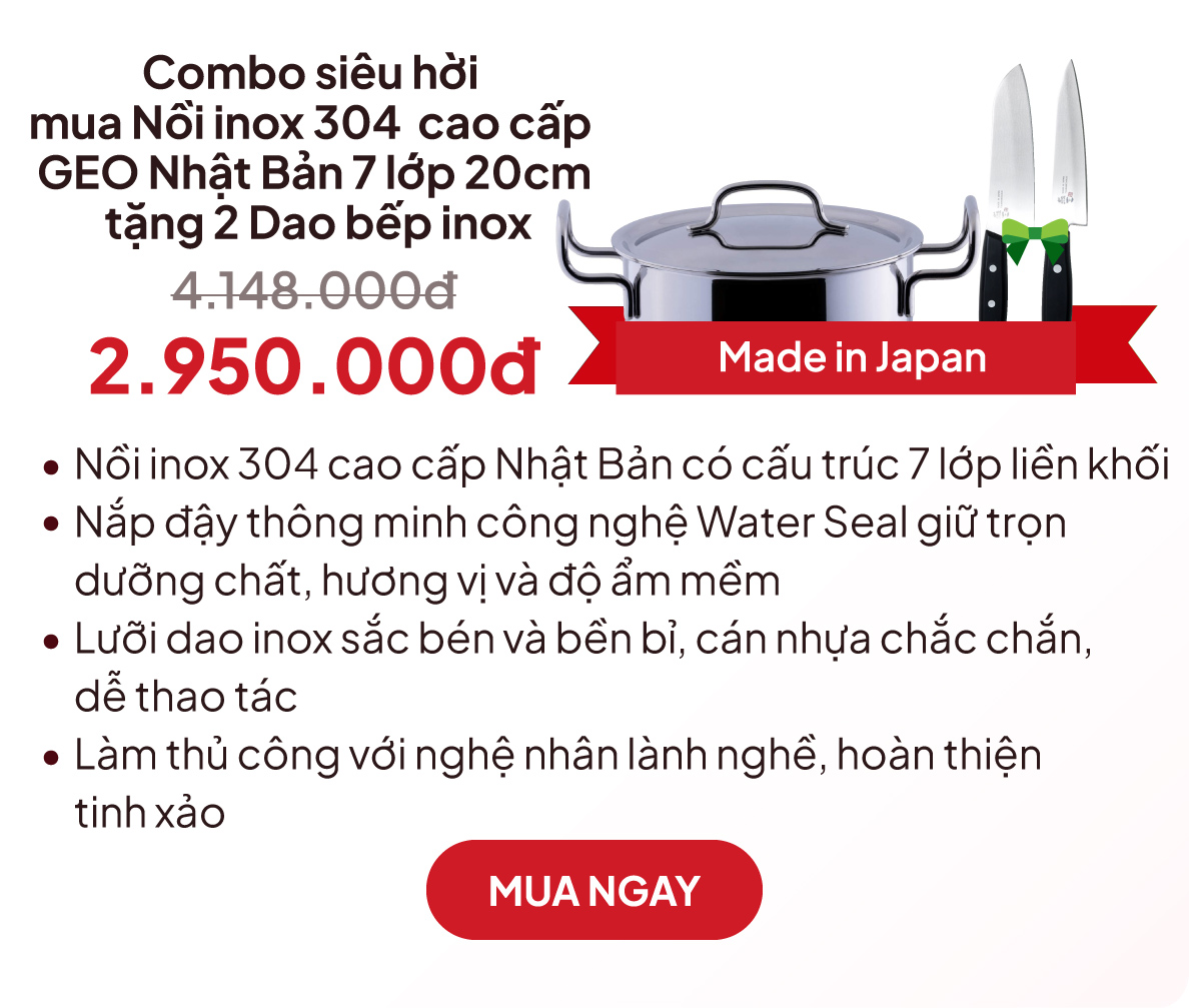 Combo siêu hời mua Nồi inox 304 cao cấp GEO Nhật Bản 7 lớp liền khối chống ăn mòn, gỉ sét 20cm tặng 2 Dao bếp inox