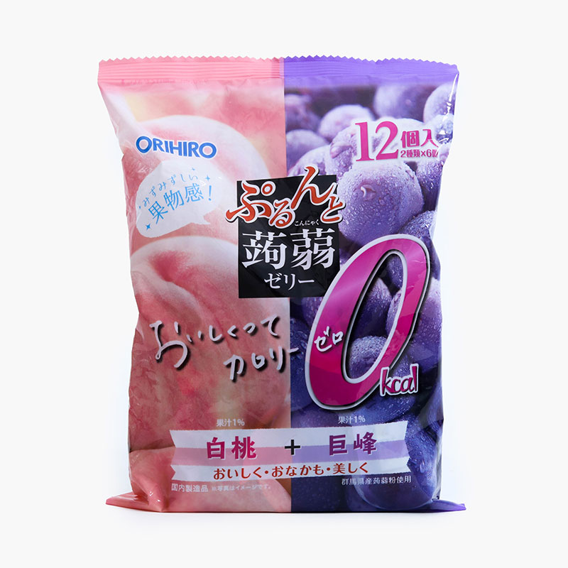 Thạch trái cây Orihiro 0kcal vị đào trắng và nho tím 216g (18gx12 cái)