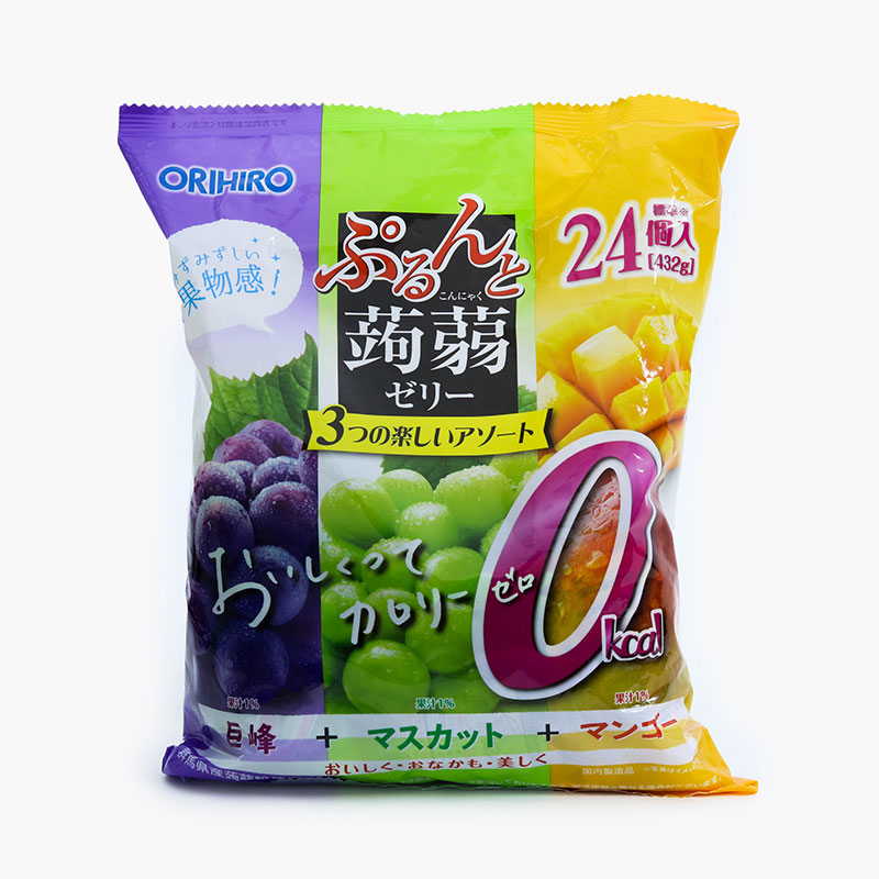 Thạch trái cây Orihiro 0kcal vị nho tím nho xanh xoài 432g (24 cái)