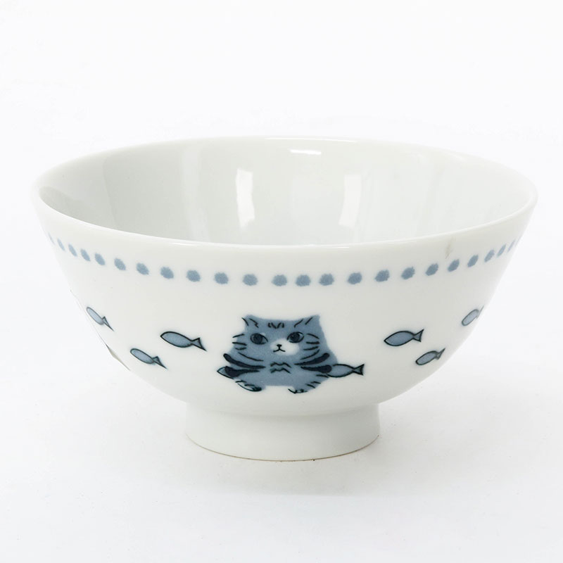 Chén sứ Nhật Bản 11cm hình mèo xám, dùng được lò vi sóng