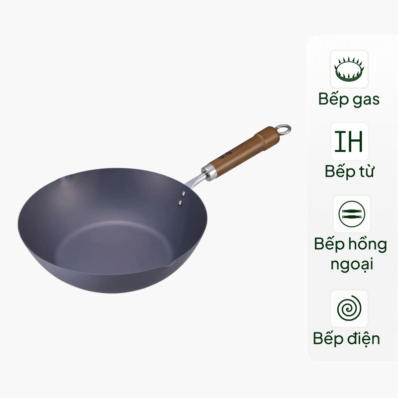 Chảo sắt Nhật Bản cao cấp Kou Tetsu chống gỉ sét 28cm Sâu lòng, dùng được bếp từ