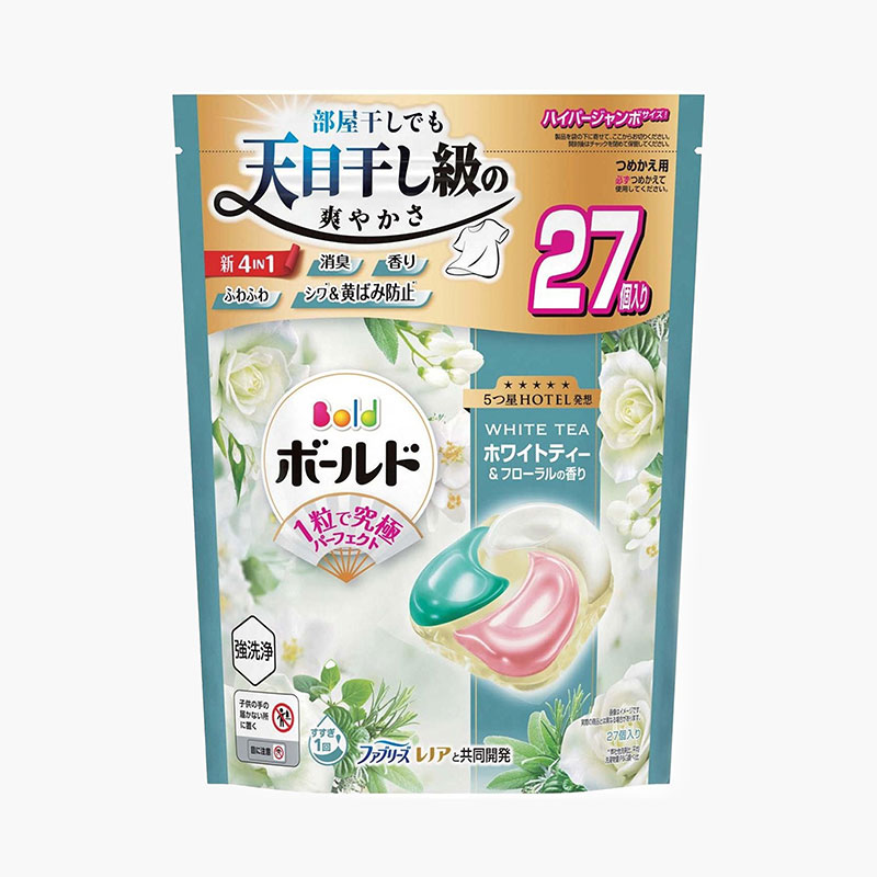 Viên giặt xả Nhật Bản khử mùi, chống nhăn, ố vàng 4 trong 1 Gel Ball Bold P&G Hương hoa trà trắng 27 viên