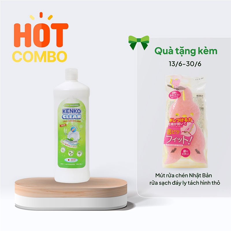 Nước rửa chén đậm đặc gốc thực vật diệt khuẩn Kenko Clean hương chanh & trà xanh 800ml
