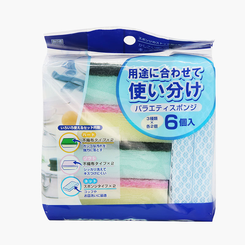 Mút rửa chén tạo bọt Kokubo 3 loại 6 cái (cứng, mềm, bọc lưới)