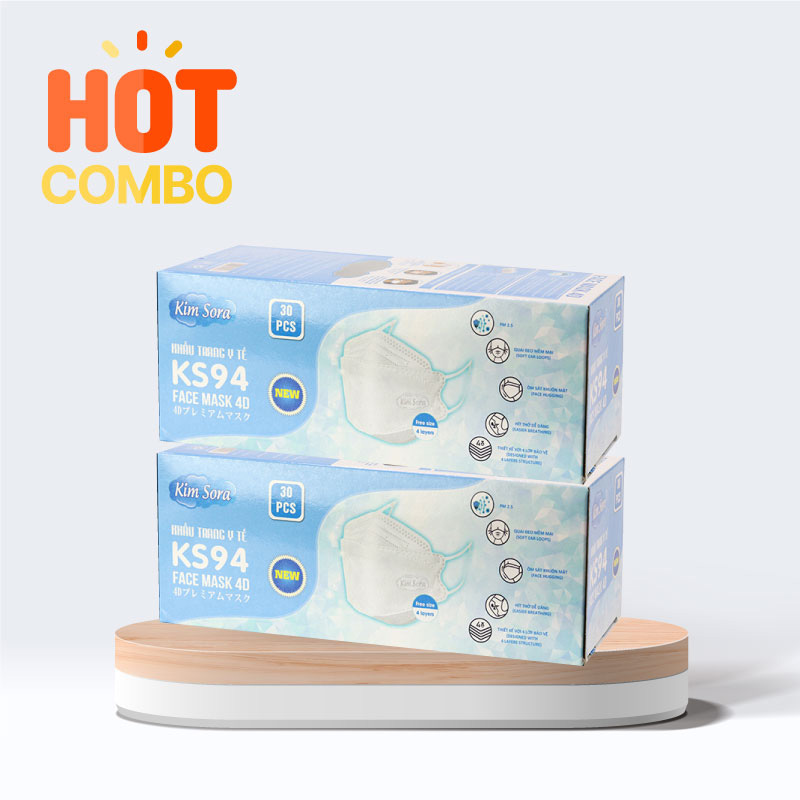 Combo 2 hộp Khẩu trang Y tế Kim Sora KS94 4D 4 lớp (30 cái - Trắng)