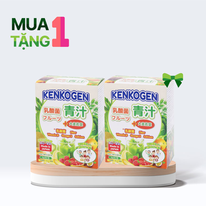 Combo mua 1 tặng 1 TPBS: Bột mầm lúa mạch non Nhật Bản Kenkogen trái cây lợi khuẩn, chất xơ, Omega 3 Canxi D 24 gói