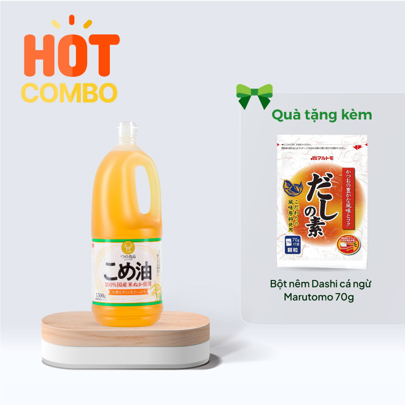 Combo Dầu gạo Nhật Bản Tsuno nguyên chất 1500g (1636ml) chỉ 189k tặng thêm Bột nêm Dashi cá ngừ Marutomo 70g