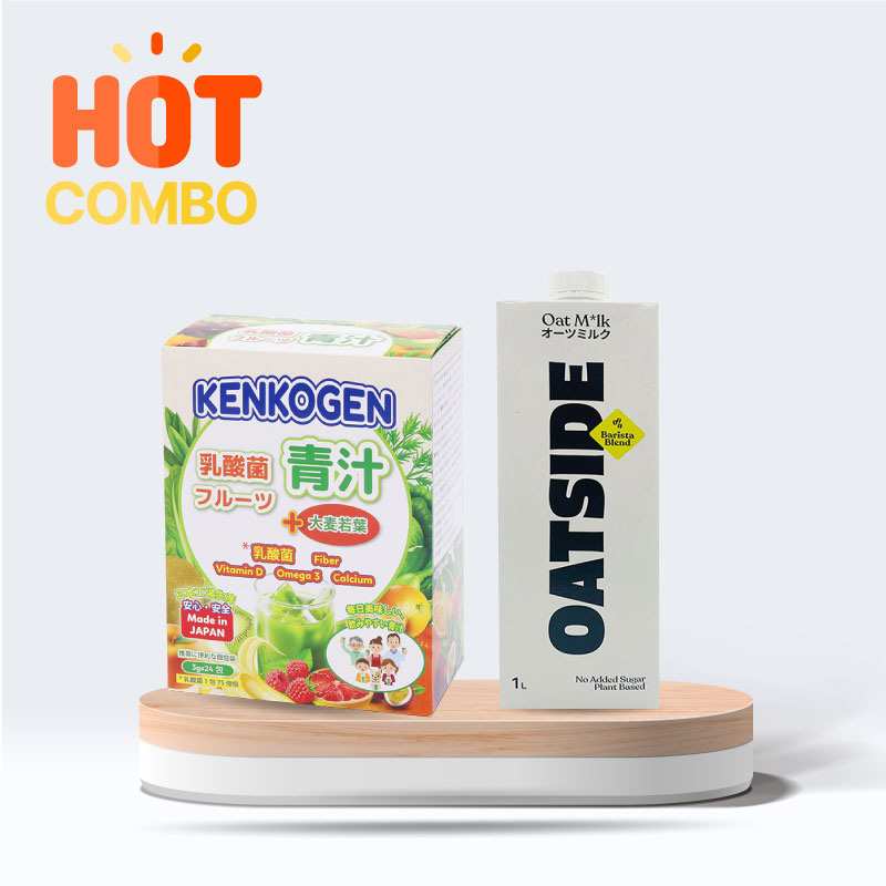 Combo Bột mầm lúa mạch non Nhật Bản Kenkogen trái cây lợi khuẩn, chất xơ, Omega 3 Canxi D 24 gói và Thức uống sữa yến mạch Oatside 1L  