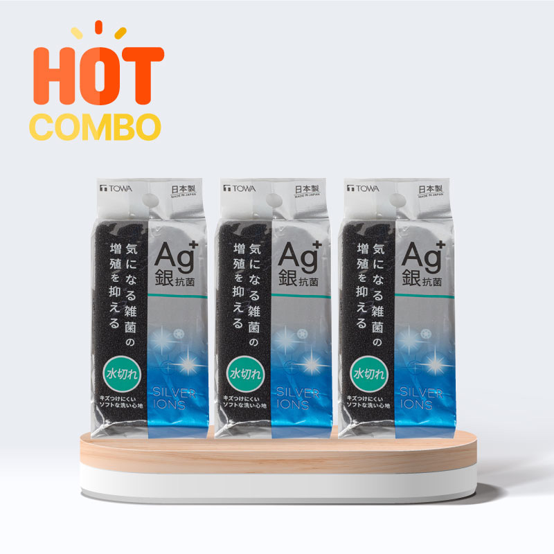 Combo 3 Mút rửa chén Nhật Bản ion bạc kháng khuẩn, tạo bọt, nhanh ráo nước Towa