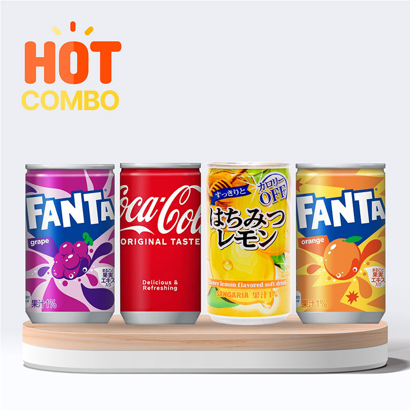 Combo 4 lon nước giải khát Nhật Bản: Coca Cola 160ml, Fanta nho 160ml, Fanta cam 160ml, Chanh mật ong 185g