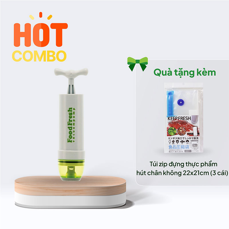 Combo mua Ống bơm hút chân không túi thực phẩm tặng Túi zip đựng thực phẩm hút chân không 22x21cm (3 cái)