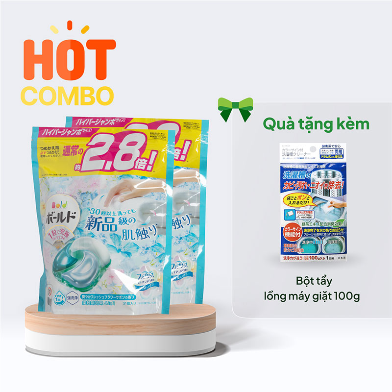 Combo 2 túi Viên giặt xả khử mùi Gel Ball hương nắng mai 31 viên chỉ 430K- tặng Bột tẩy lồng máy giặt 100g