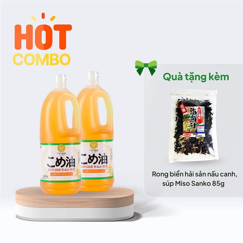 Combo mua 2 Dầu gạo Nhật Bản Tsuno 1.5kg chỉ 438K tặng thêm Rong biển hải sản nấu canh, súp Miso Sanko 85g