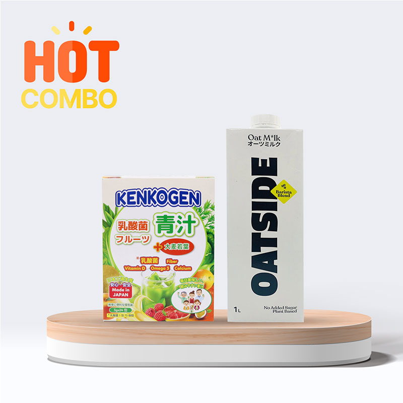 Combo Bột mầm lúa mạch non Nhật Bản Kenkogen trái cây 24 gói và Thức uống sữa yến mạch Oatside 1L  