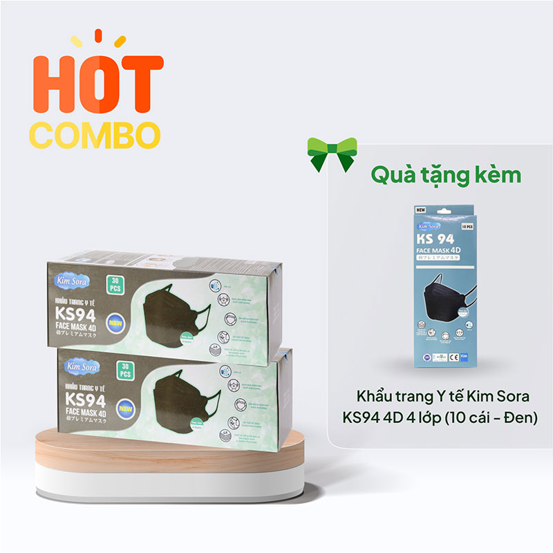 Combo mua 2 hộp Khẩu trang Y tế Kim Sora KS94 4D 4 lớp (30 cái - Đen) giá 99K- tặng thêm hộp 10 cái