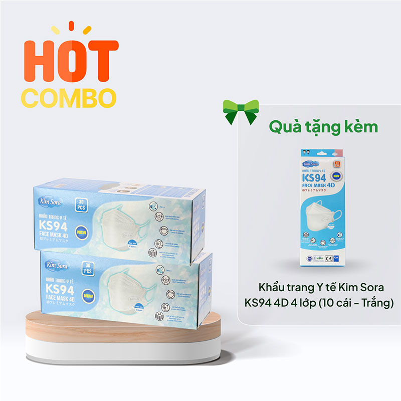 Combo mua 2 hộp Khẩu trang Y tế Kim Sora KS94 4D 4 lớp (30 cái - Trắng) giá 99K- tặng thêm hộp 10 cái