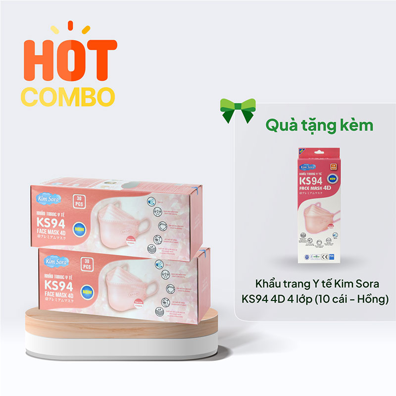 Combo mua 2 hộp Khẩu trang Y tế Kim Sora KS94 4D 4 lớp (30 cái - Hồng) giá 99K- tặng thêm hộp 10 cái