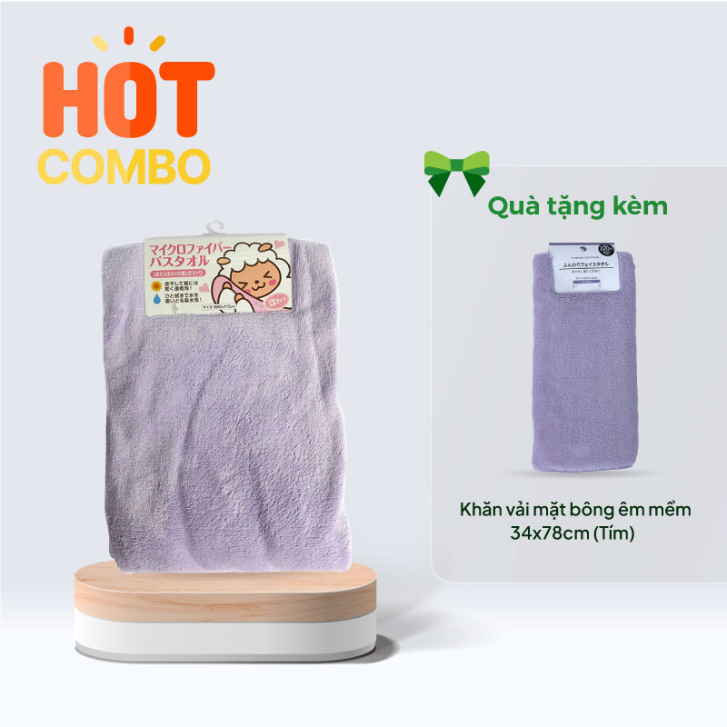 Combo mua Khăn vải Microfiber 60x120cm (Tím) tặng Khăn vải mặt bông êm mềm 34x78cm (Tím)