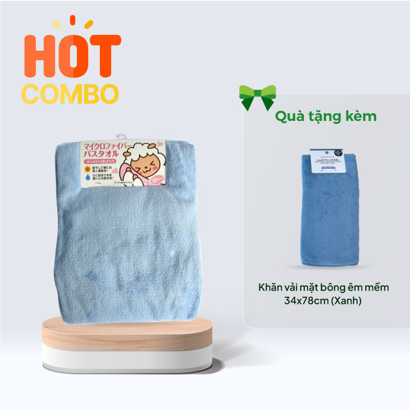 Combo mua Khăn vải Microfiber 60x120cm (Xanh dương) tặng Khăn vải mặt bông êm mềm 34x78cm (Xanh)tặng 