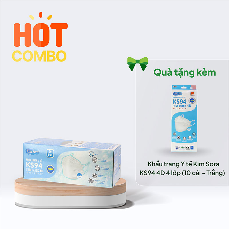 Combo mua Khẩu trang Y tế Kim Sora KS94 4D 4 lớp (30 cái - Trắng) chỉ 45K tặng hộp 10 cái cùng màu
