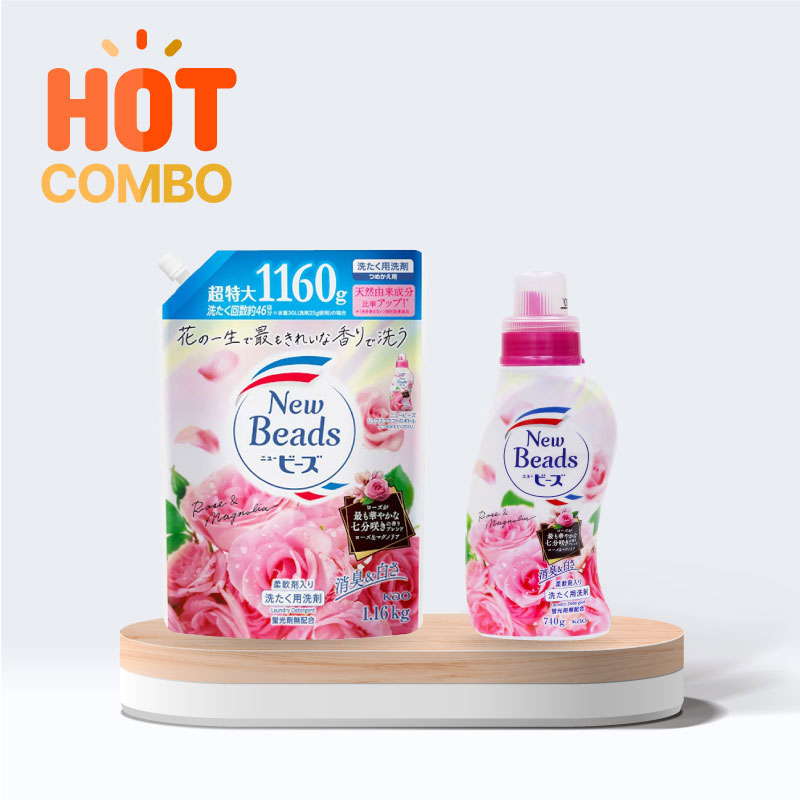 Combo Nước giặt xả tẩy vết bẩn, khử mùi quần áo Kao New Beads Hương hoa hồng mộc lan (chai 740g + túi 1.16kg)