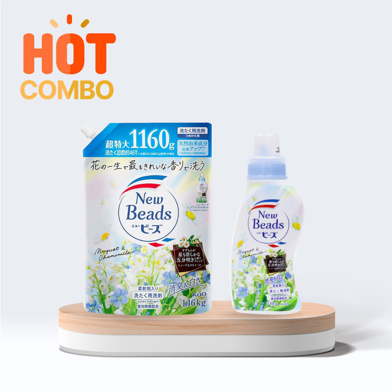 Combo Nước giặt xả tẩy vết bẩn, khử mùi Kao New Beads Hương Hương linh lan cúc (chai 740g + túi 1.16kg)