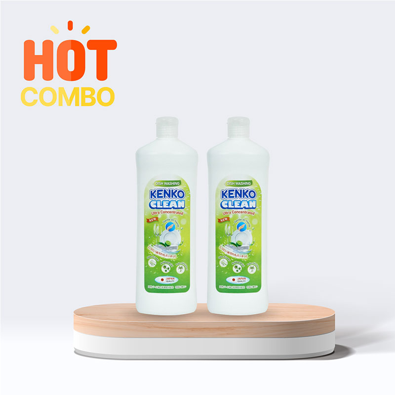 Combo 2 chai Nước rửa chén đậm đặc gốc thực vật diệt khuẩn Kenko Clean hương chanh & trà xanh 800ml