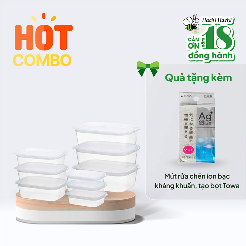 Combo mua Bộ hộp nhựa đựng thực phẩm Inomata 9 cái chỉ 135.000đ tặng Mút rửa chén kháng khuẩn Towa (loại mềm)
