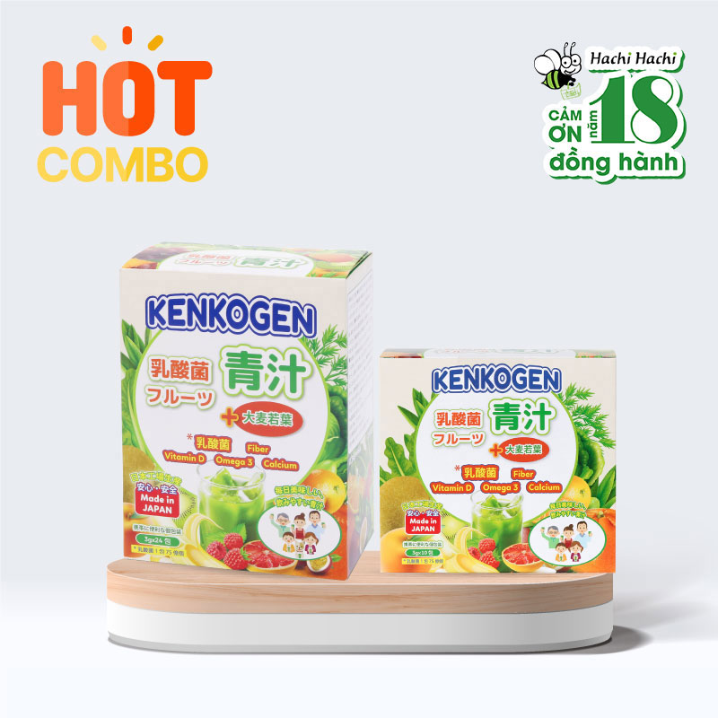 Combo Bột mầm lúa mạch non Nhật Bản Kenkogen trái cây lợi khuẩn, chất xơ, Omega 3 Canxi D Hộp 24 gói & 10 gói