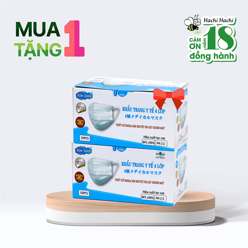Combo mua 1 tặng 1 Khẩu Trang Y Tế 4 Lớp Bán Nguyệt (Màu Trắng) hộp 50 cái