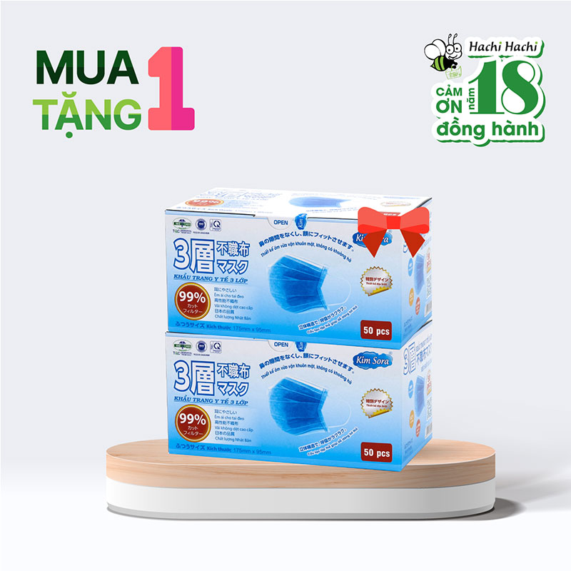 Combo mua 1 tặng 1 Khẩu Trang Y Tế 3 Lớp (Màu Xanh) hộp 50 cái