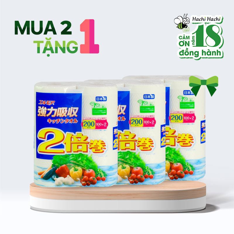 Combo mua 2 tặng 1 Khăn giấy bếp Nhật Bản siêu thấm hút đa năng Ellemoi 2 lớp (2 cuộn x 100 tờ)